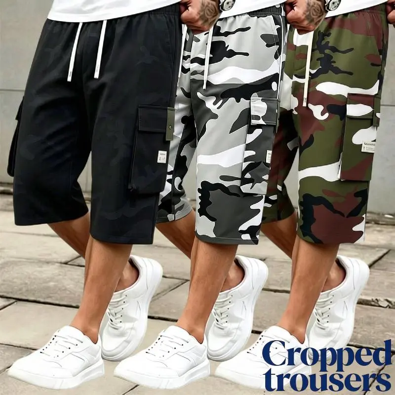 Men's 3-piece Camo Cargo seven-quarter trousers Capriers – Multi-Pocket Design, Drawstring Waistband, Casual Streetwear Shorts, Perfect for Everyday Wear & Urban Styling SpringStatements