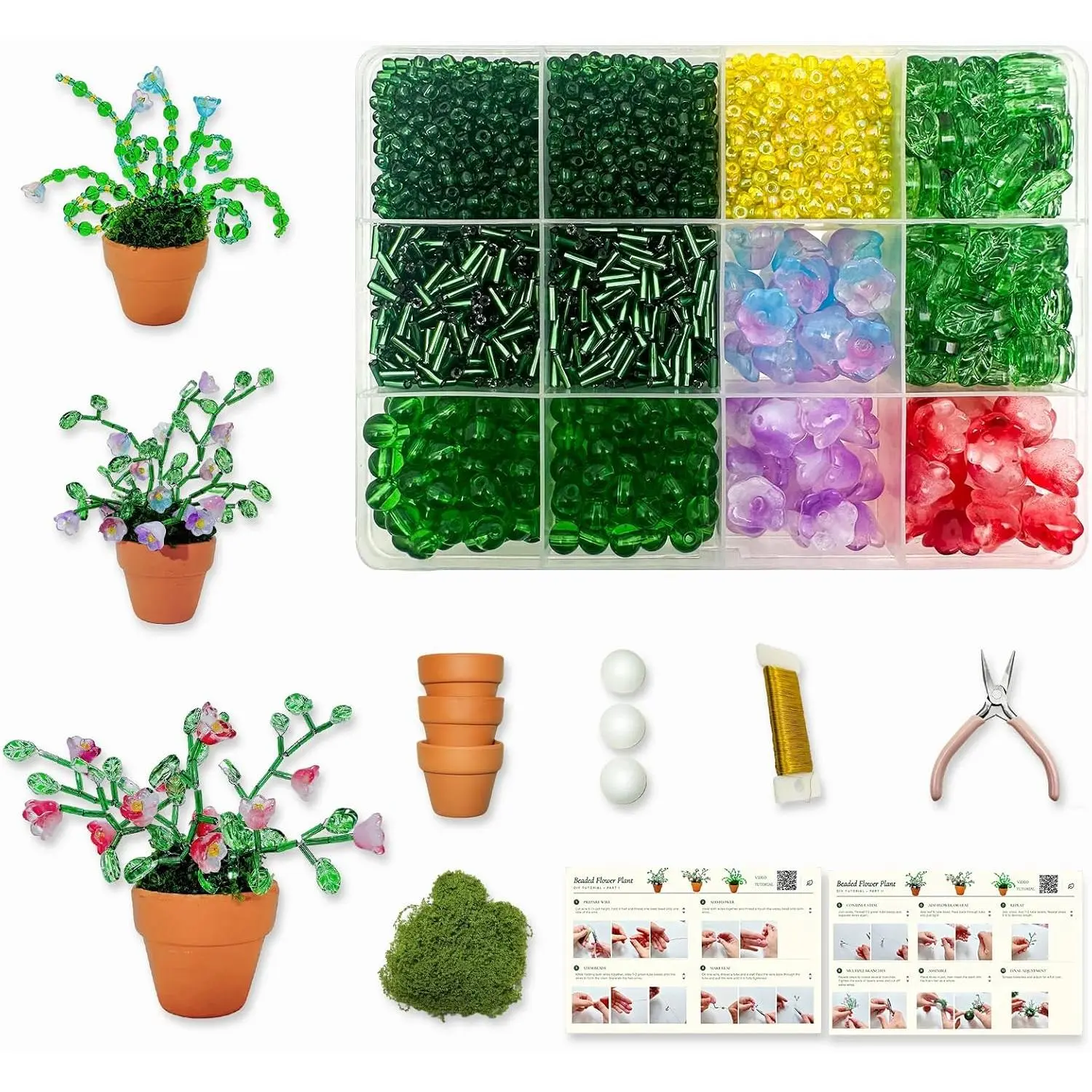 Green Glass Beaded  Kit, Bead Craft Kit to Make Beading Flower Leaf  Window Suncatcher DIY Desk Decor with Pots Tools and Video Tutorial for Adults & Teens Creative