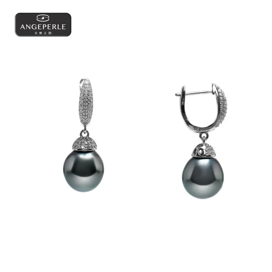 ANGEPERLE S925 Sterling Silver Tahitian Pearl Hinged Hoop Earrings 10-11mm ZZN05