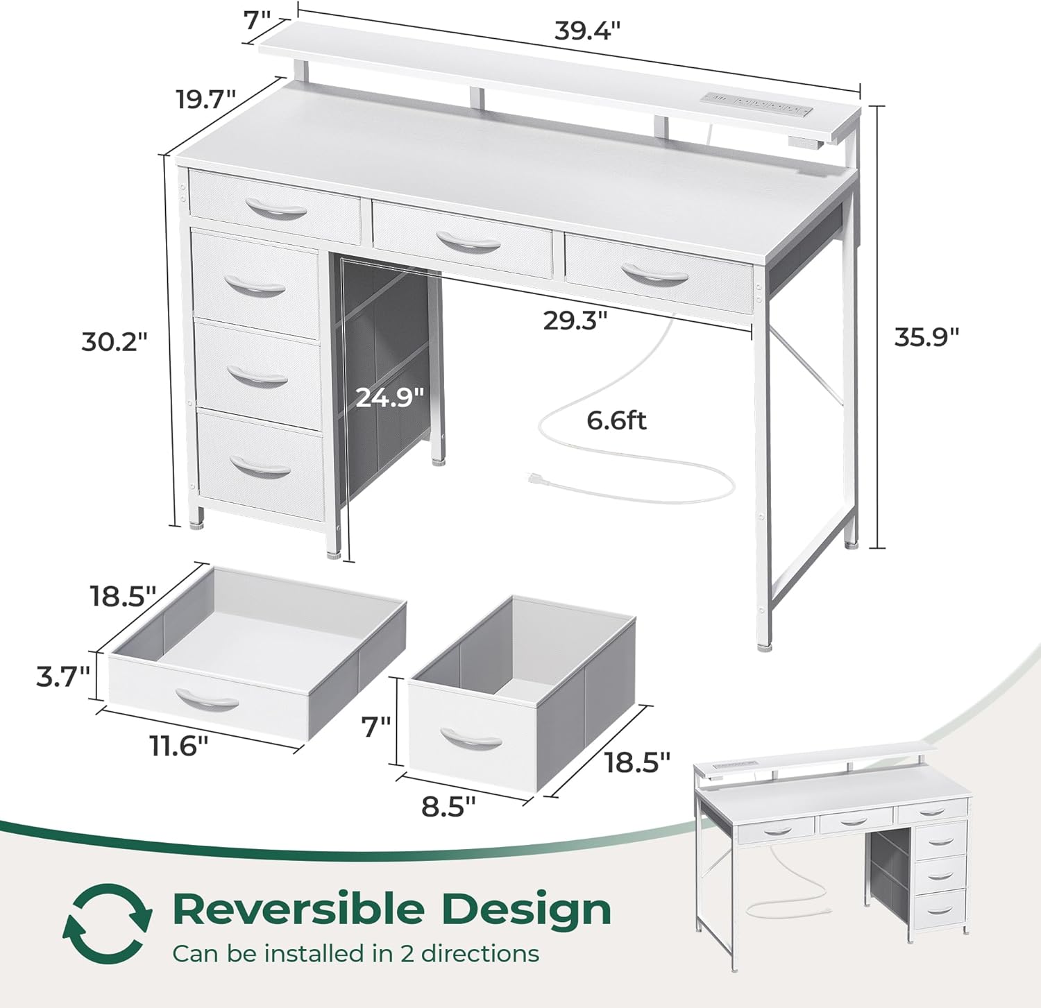 Gaming Desk with 6 Drawers, Computer Desk with LED Lights Power Outlets and Type-C, 39 Inch Office Desk with Storage,  Stand, Writing Desk Work Desk  Office, Bedroom, Study, White