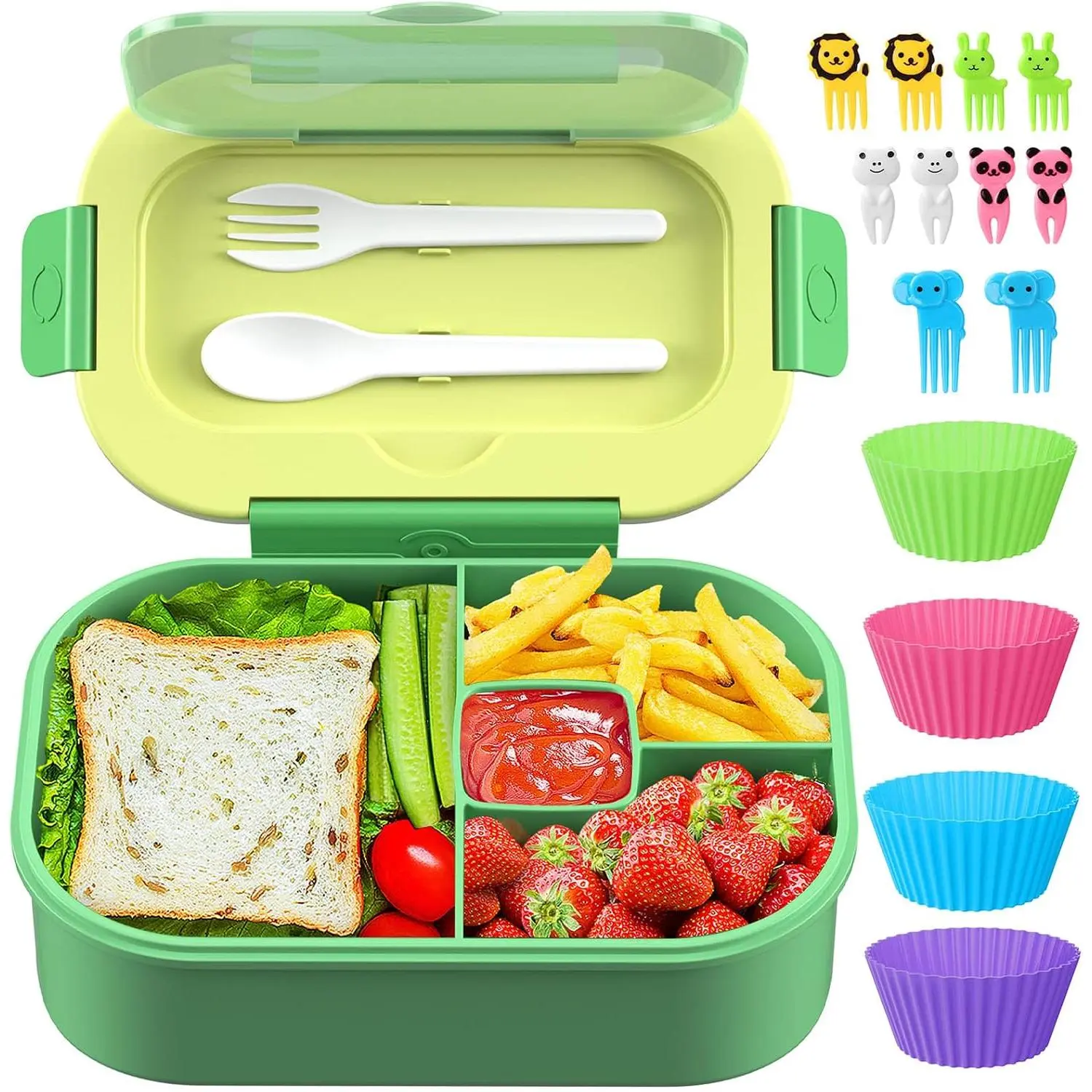 Plastic Bento Lunch Box Set with Lid - Leakproof 44oz 4-Compartment Tableware with Cutlery for Kids' School Meal Packing (Green)
