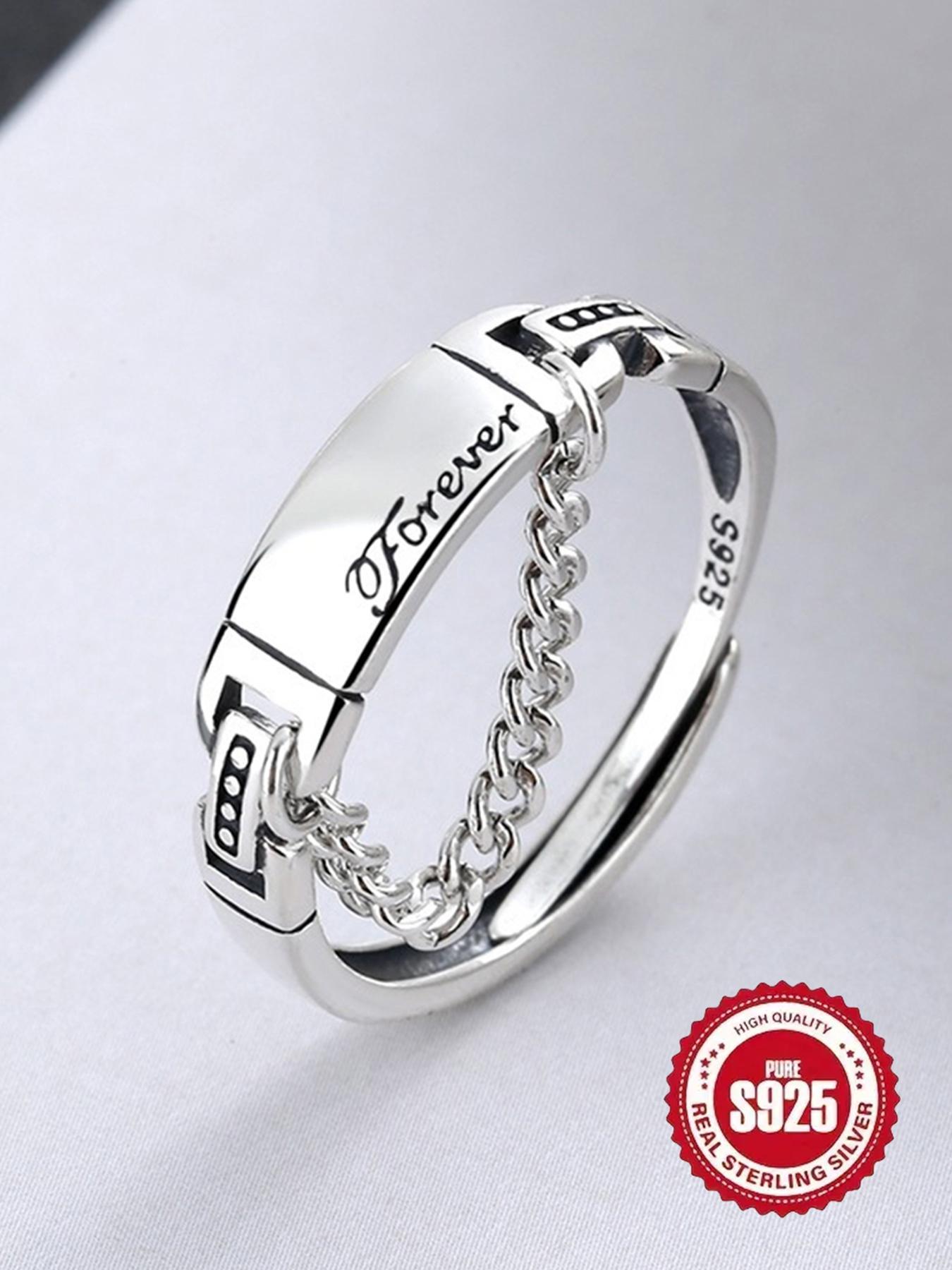925 Sterling Silver Vintage Letter Design Engraved Ring, Adjustable Chain Design Ring for Women & Girls, Fashion Jewelry for Party, Daily Decor, Trendy All-match & Exquisite Jewelry for Birthday Gift, Valentine's Day, Gift