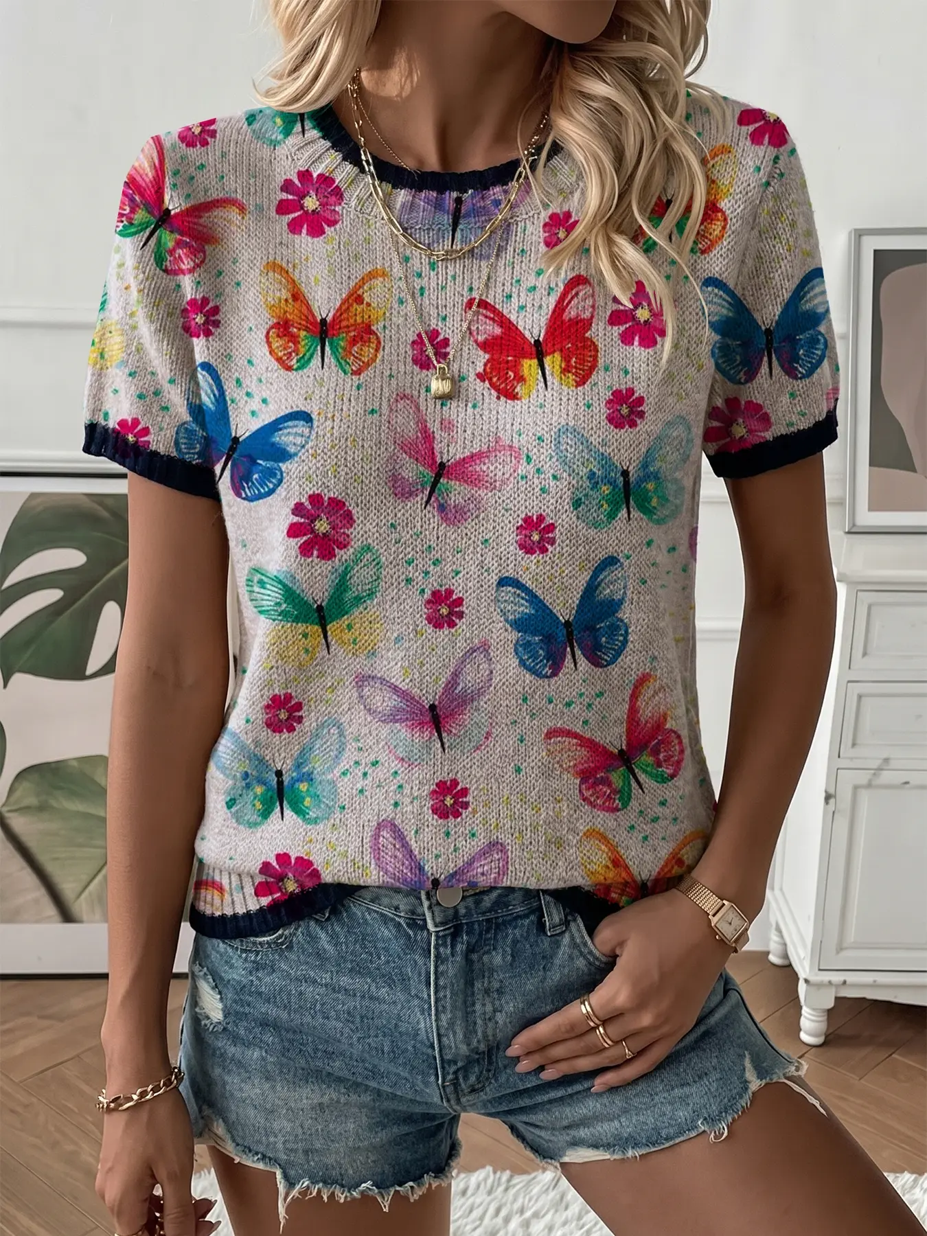 Women's Spring Summer Elegant Butterfly Print Round Neck Knitwear Short Sleeve Top, Casual Comfortable, Daily Commute, Versatile Fashion, Sweater Top