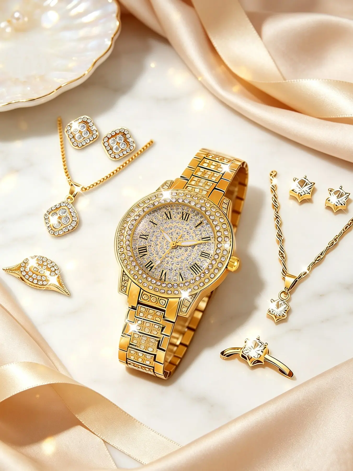 Luxurious Women's Quartz Watch Set, Elegant Analog Dial, Includes Jewelry, Perfect Gift for Holidays & Daily Wear