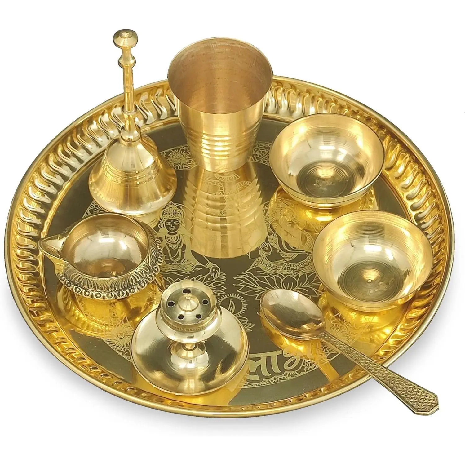 8-Inch Brass Pooja Thali Set Tableware with Pital Plate, Glass Spoon, Ghanti Bowl, Agarbatti Stand & Kuber Diya – Ideal for Diwali Home Mandir, Wedding Return Gifts