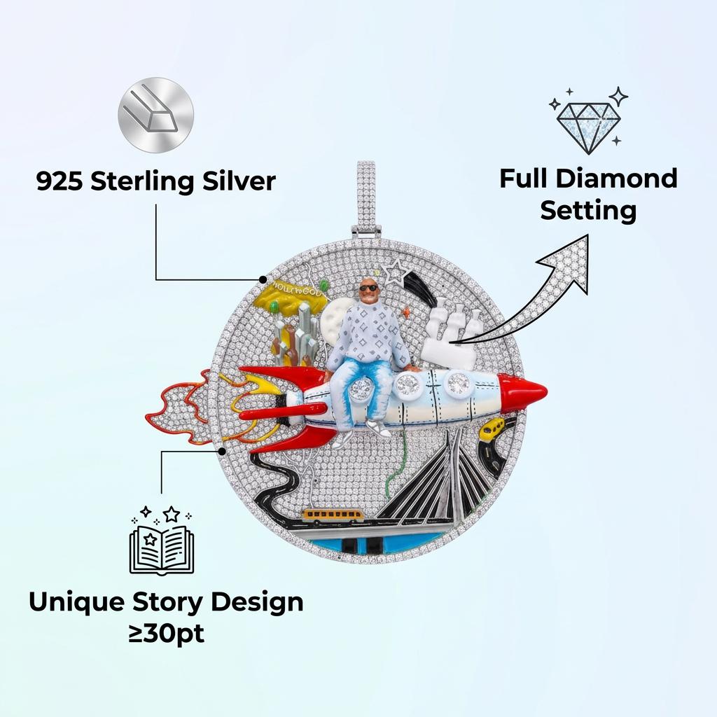 Huge Iced Out 3D Rocket Man Enamel Medallion Pendant, Colorful Cityscape Hip Hop Statement Jewelry, 925 Silver Tone with 4mm Rope Chain