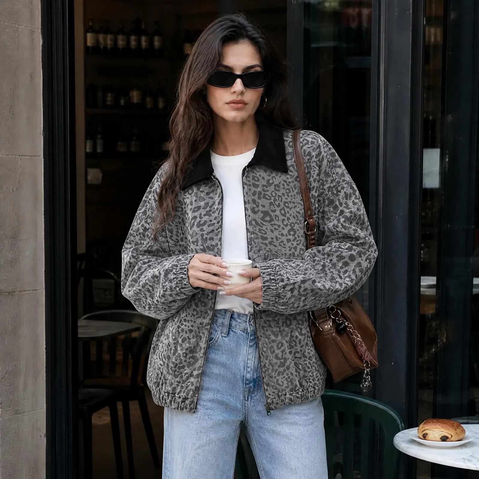 Women’s Gray Leopard Print Jacket, Casual Oversized Long Sleeve Zip Up Outerwear with Contrast Black Collar and Elastic Cuffs