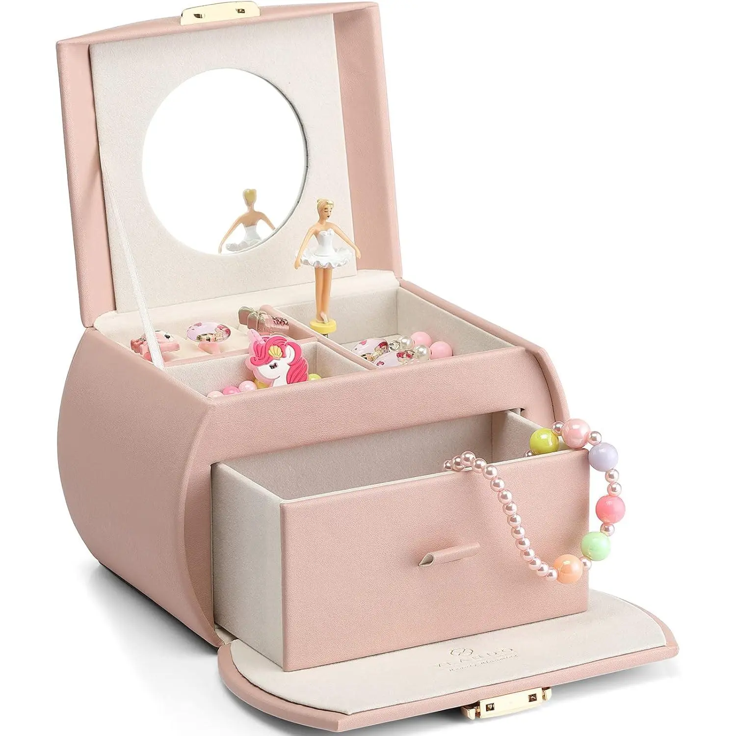 Pink Kids Princess Theme Musical Jewelry Box with Drawer, Ballerina Stickers & Compartments - Bedroom Decor, Birthday Gift Ideas, Valentines Day Gifts for Girls, Home Storage Organizer