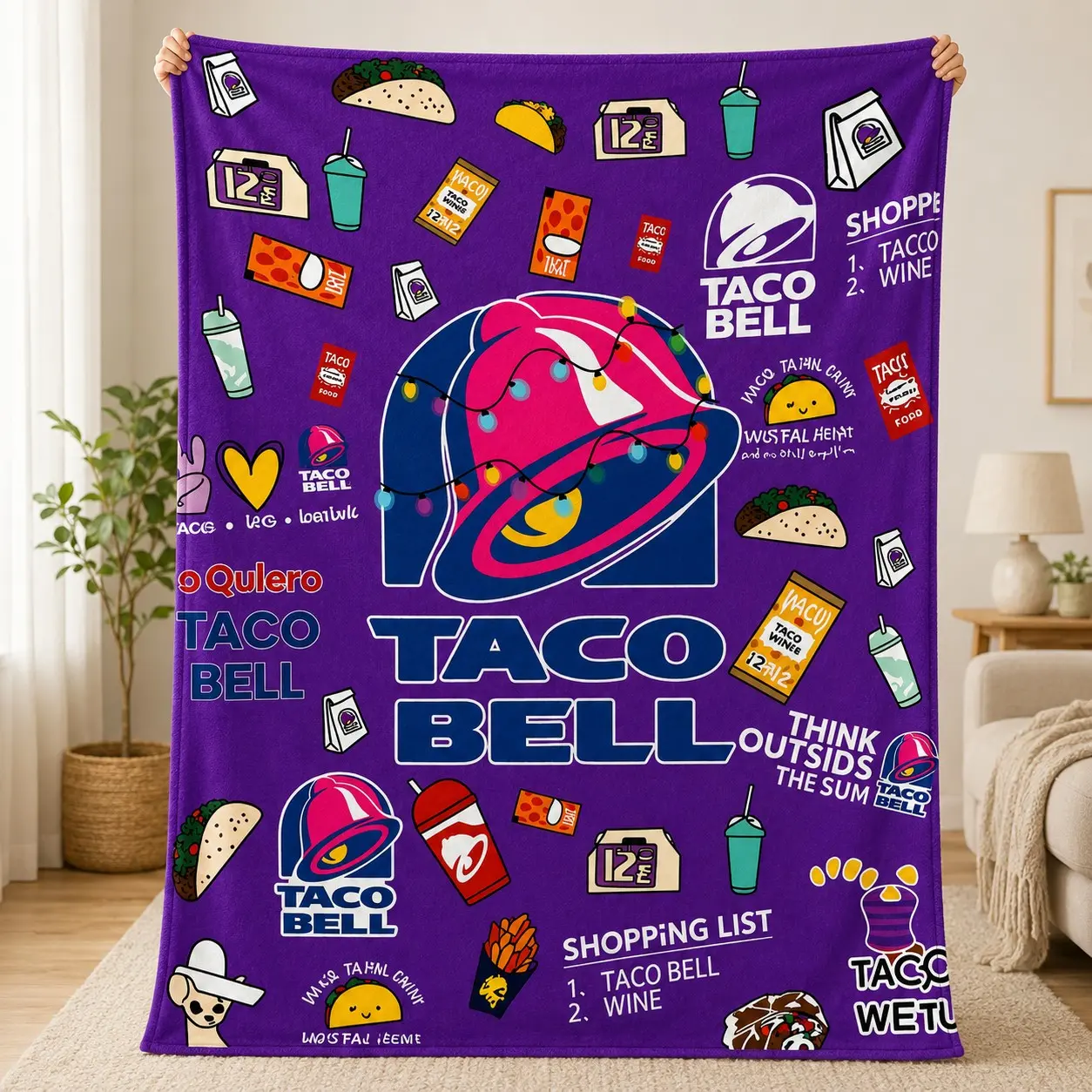 Taco Bell Fun Print Flannel Blanket, Soft and Lightweight, Suitable for All Seasons, Bed Sofa Camping Travel, Digital Print, 100% Polyester, Gift Idea