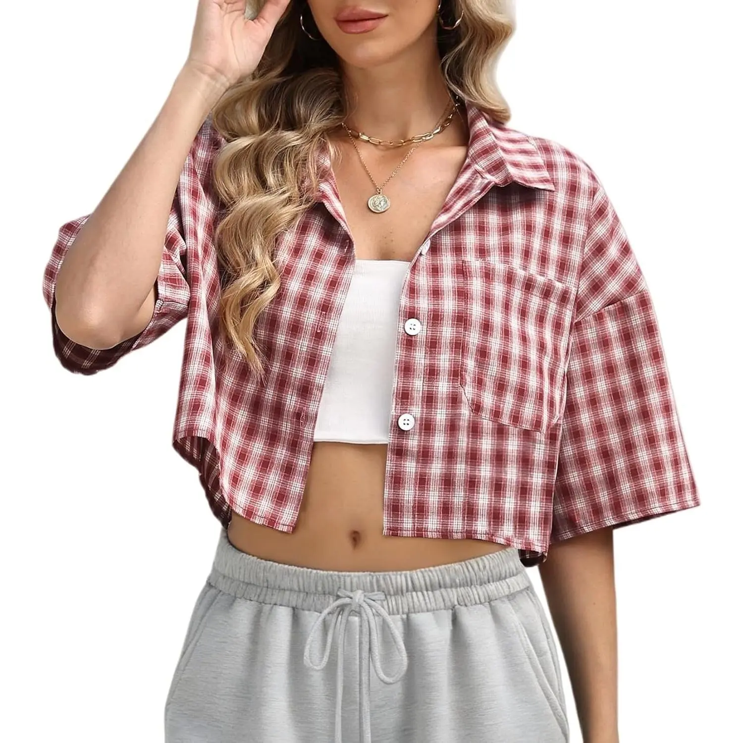Women's Cropped Plaid Short-Sleeve Lightweight Button-Down Blouse, Casual Chic Vintage Camisole-Style Top for Summer Street Style Preppy Outfits (Men's Tops Compatibility Note: Mislabeled Industry; Core Women's Product Features Preserved), Print, Retro