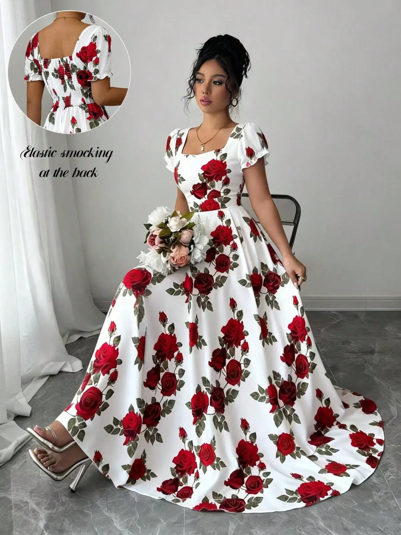 French Vintage Rose Print Dress, Summer Square Neck Bubble Sleeve Waist Cinched A-Line Long Gown, Elegant Party Wear