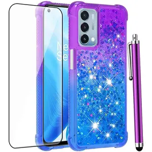 for OnePlus Nord N200 5G Case with Tempered Glass Screen Protector,Glitter Bling Flowing Liquid Sparkle Soft TPU Shockproof Protective Case Women Girls for OnePlus Nord N200 5G - Purple Blue