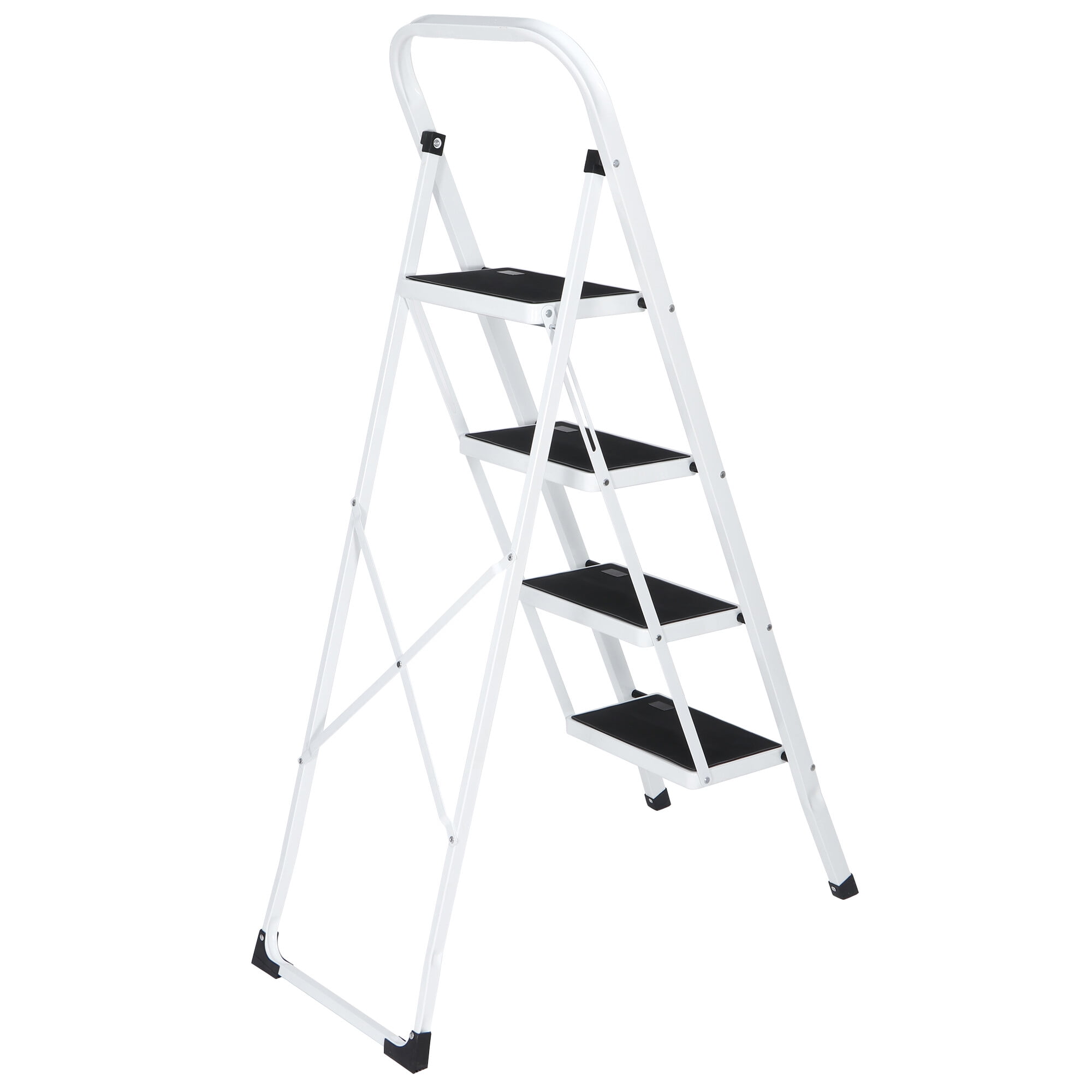 Zeny 300lbs Folding 4-Step Steel Ladder Portable Step Stool with Anti-Slip Wide Pedal White & Black Easy Fold & Carry for Indoor Tasks