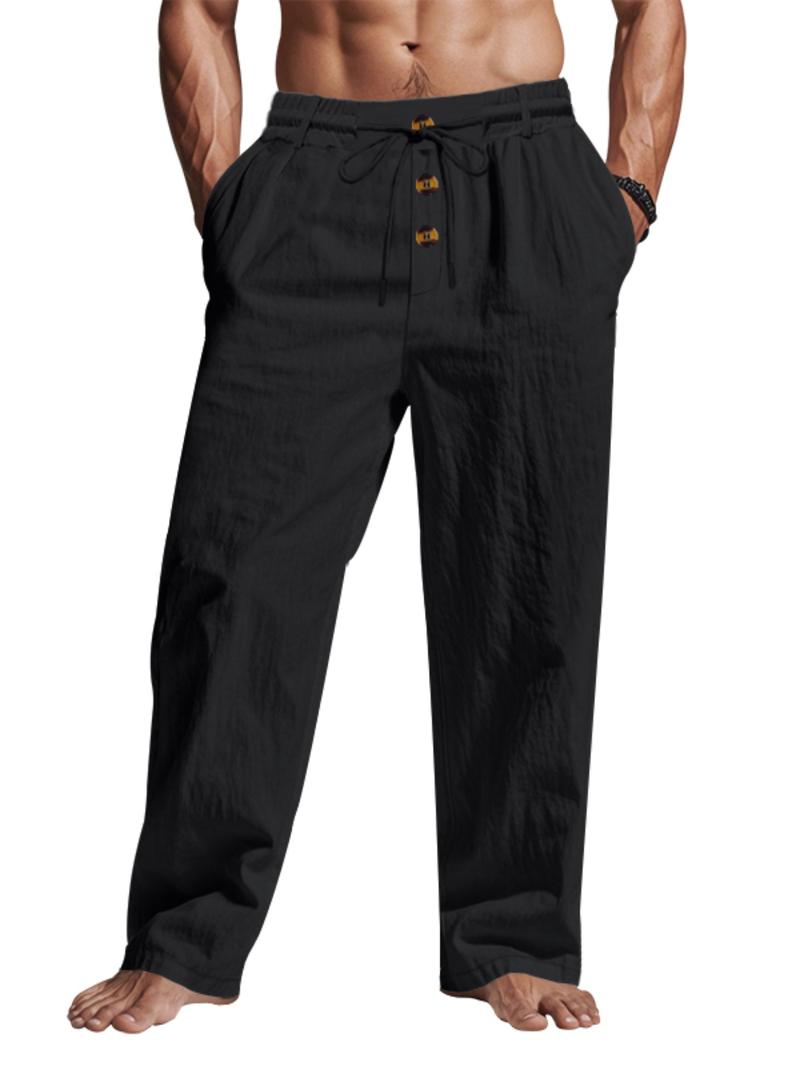 Men's Solid Button Design Linen Pants, Casual Comfy Breathable Trousers for Beach Vacation Holiday, Men's Bottoms for Summer