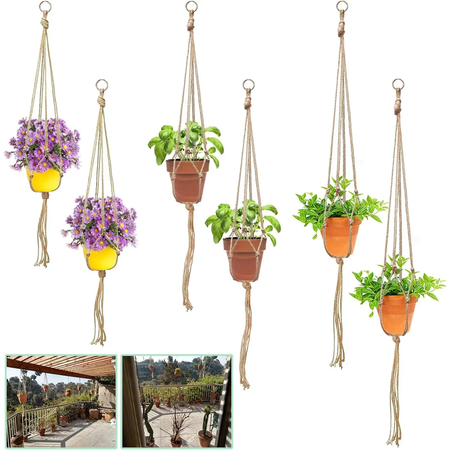 6-Count Macrame Plant Hangers with Flexible Weave, 3 Sizes Indoor/Patio Garden Plant Support Holder for Home Organization