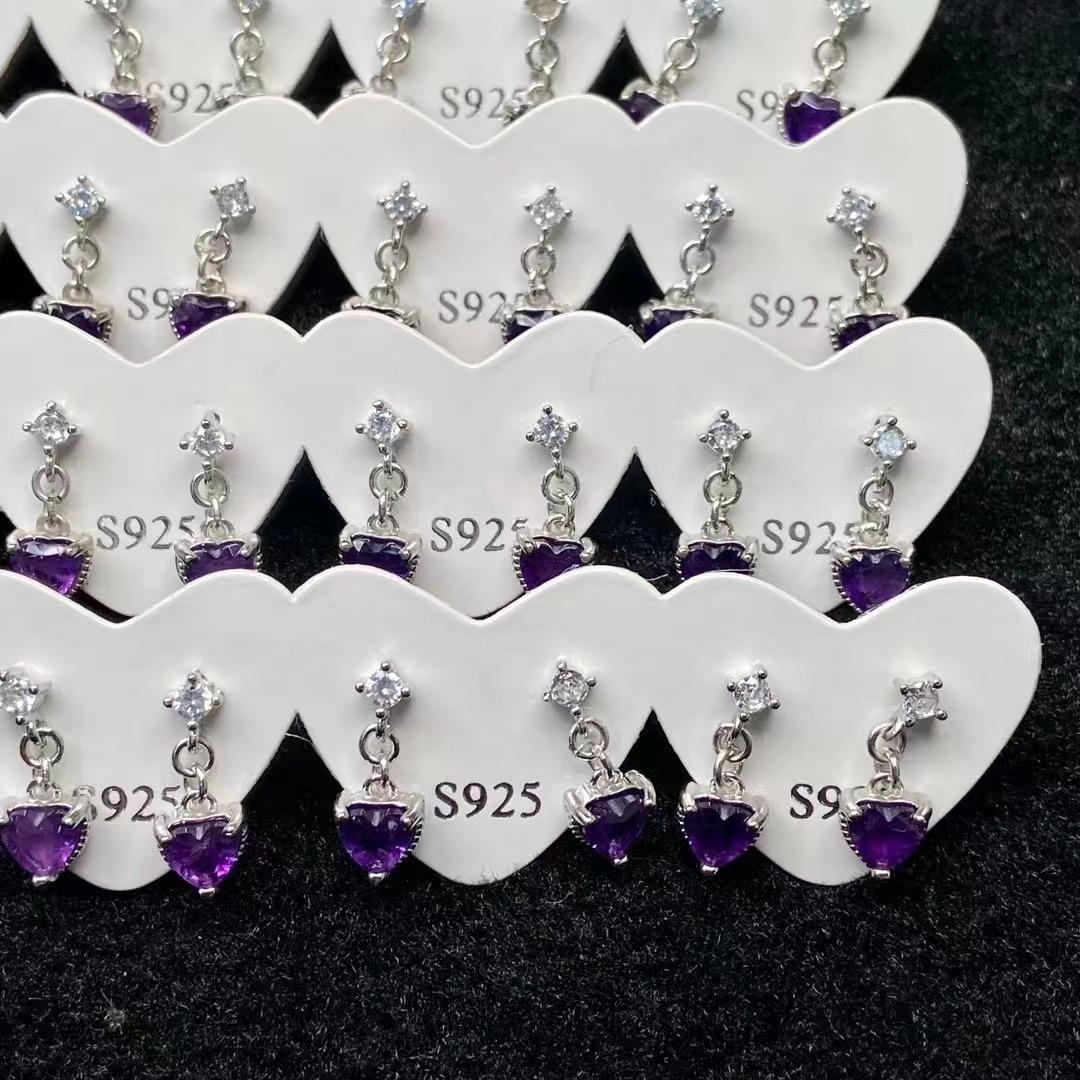 5pc Lucky Stone Earrings Women's Natural Cut Amethyst Heart-Shaped Earrings Sterling Silver Needle Delicate Mosaic Crystal Earrings Ornament Natural Crystal Personalized Birthstones