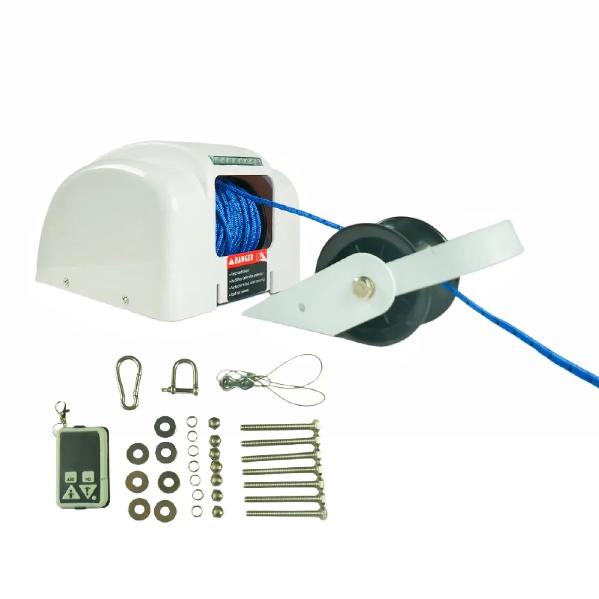 12V Compact White Steel Electric Anchor Winch Hoist Unit, 45 LBS Max Load, 9.85x8.46x6.7 in, 100FT Nylon Rope, Wireless Remote, Auto Reset Breaker, Corrosion Resistant Marine Windlass for Small Boats Under 24ft Fishing Speedboats