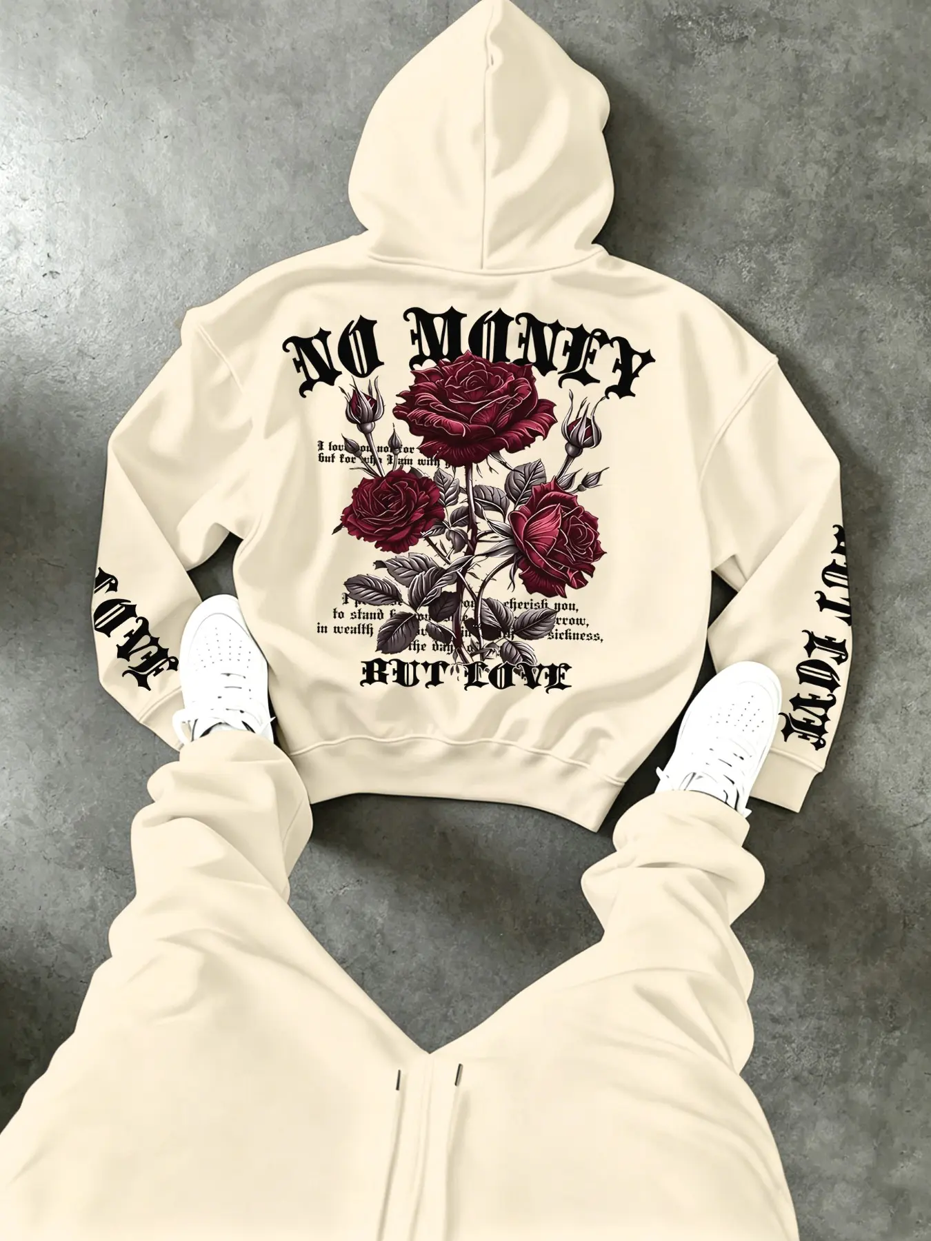 High Street Trendy Men's Hoodie Sweatshirts, Drop Shoulder Design, Long Sleeves, Rose Flower Love Quote Print, Casual Fall Winter Streetwear Essential