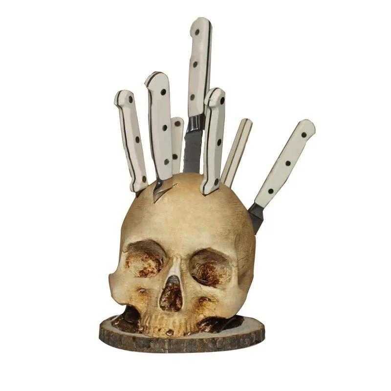Skull Knife Holder for Kitchen Organizer Skeleton Knife Stand, Scary Party Camping Kitchen Accessories Storage Halloween Decor