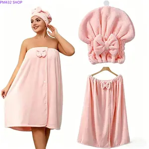 Women's Plus-Size Spa Bath Wrap Set, Soft Coral Fleece Towel Wrap with Hair Drying Cap, Ultra Absorbent Quick-Dry Bathroom Essentials