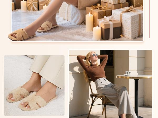 Women's Fuzzy Slippers Cute Comfy Fluffy Open Toe Slip-on House Slide Slippers for Indoor Bedroom Bridesmaid