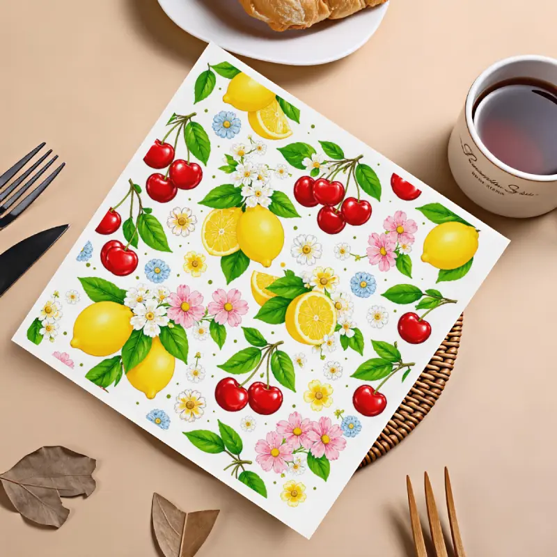 Vintage-style party napkins with lemon and cherry blossom patterns, made of high-quality paper material, suitable for garden parties and summer gatherings. 12.5cm * 12.5cm ( 4.92inch ) 20 sheets per pack