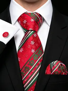 Men's Christmas Tie Set, Holiday Plaid Tie, Woven Pocket Square, Cufflinks, Party Vacation, Elegant Style, All Seasons