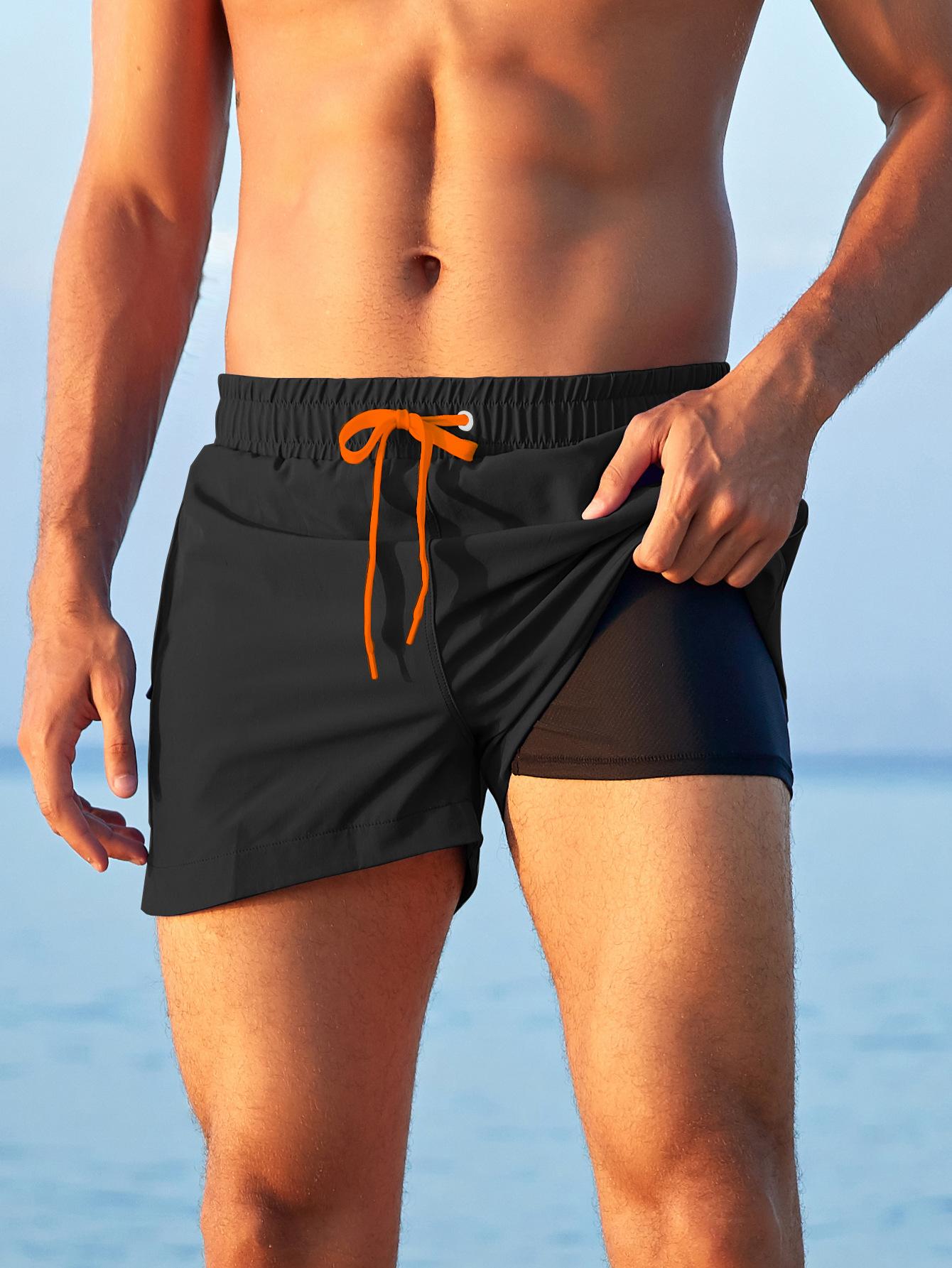 Men's beach shorts with inner mesh, three-quarter length, stylish, anti-embarrassment, quick-dry swimming trunks, trendy and quick-drying