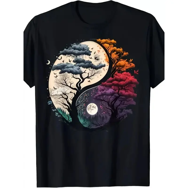 Plus-size Yin-Yang nature-inspired pattern loose T-shirt - striking black T-shirt decorated with a double tree design, incorporating elements of the moon and flying birds, ideal for nature lovers and outdoor enthusiasts, a great choice for casual summer w