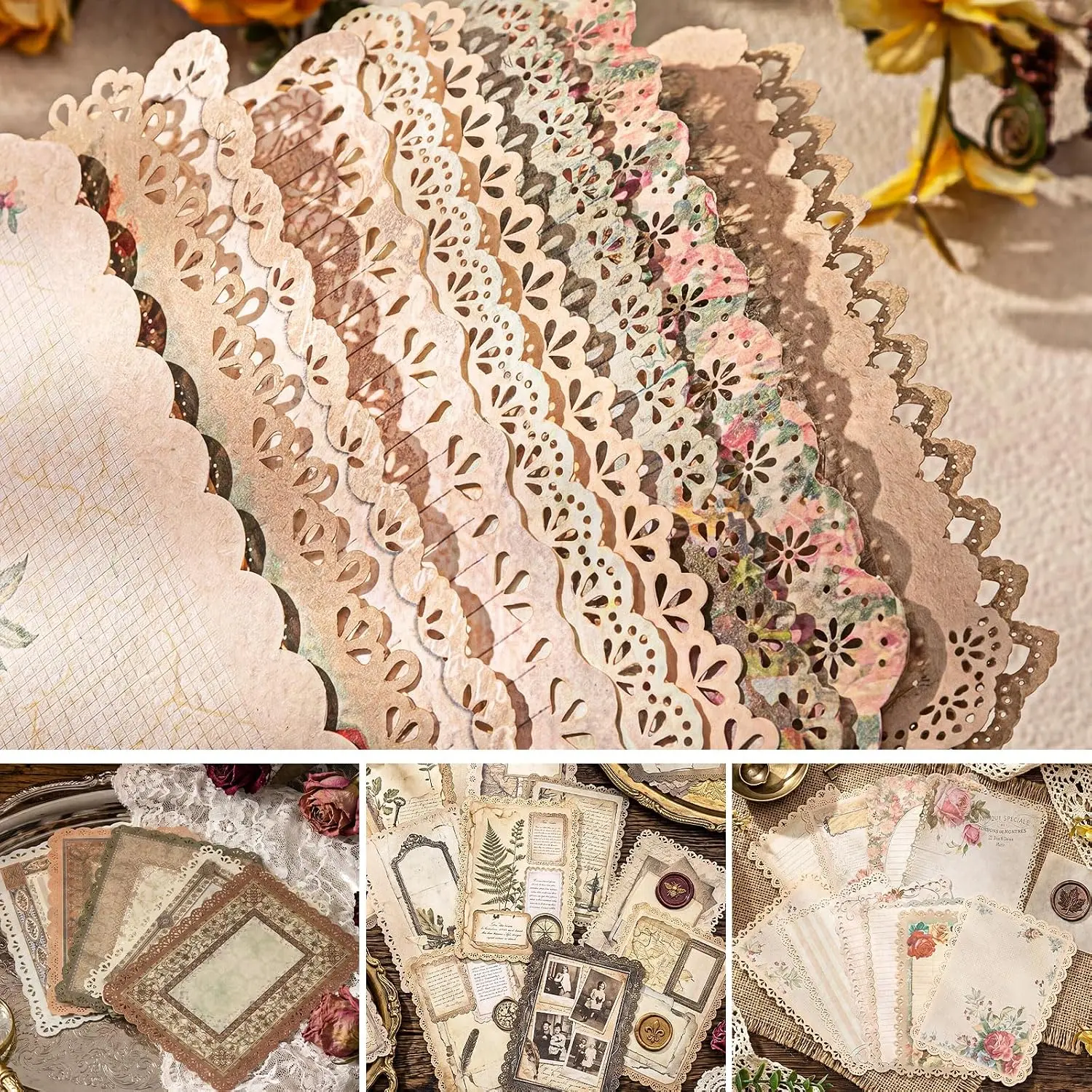 40 Sheets Lace Edged  Scrapbook Paper Textured Journaling Supplies, Scrap Booking Kit Decorative Paper for Junk Journals Letter Writing Collage Art Cards Making, 4.9x6.9 Inch