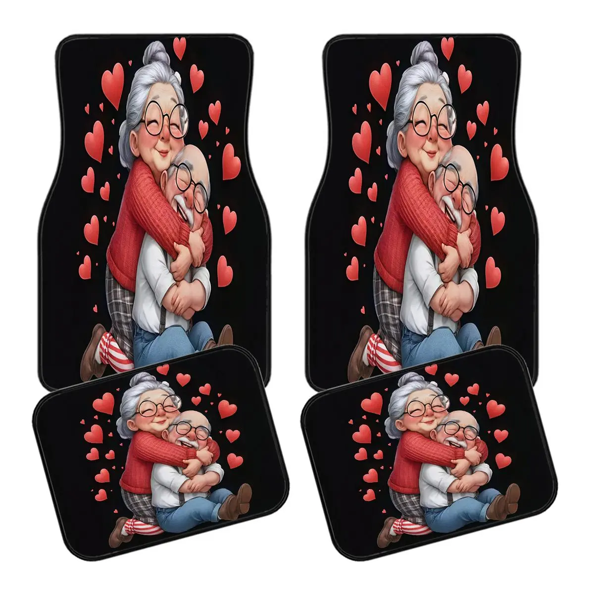 4pcs Polyester Car Interior Mats Set - Heart Couple Embrace Design with Red Heart - Fits Sedans, SUVs - Ideal Gift for Car Owners