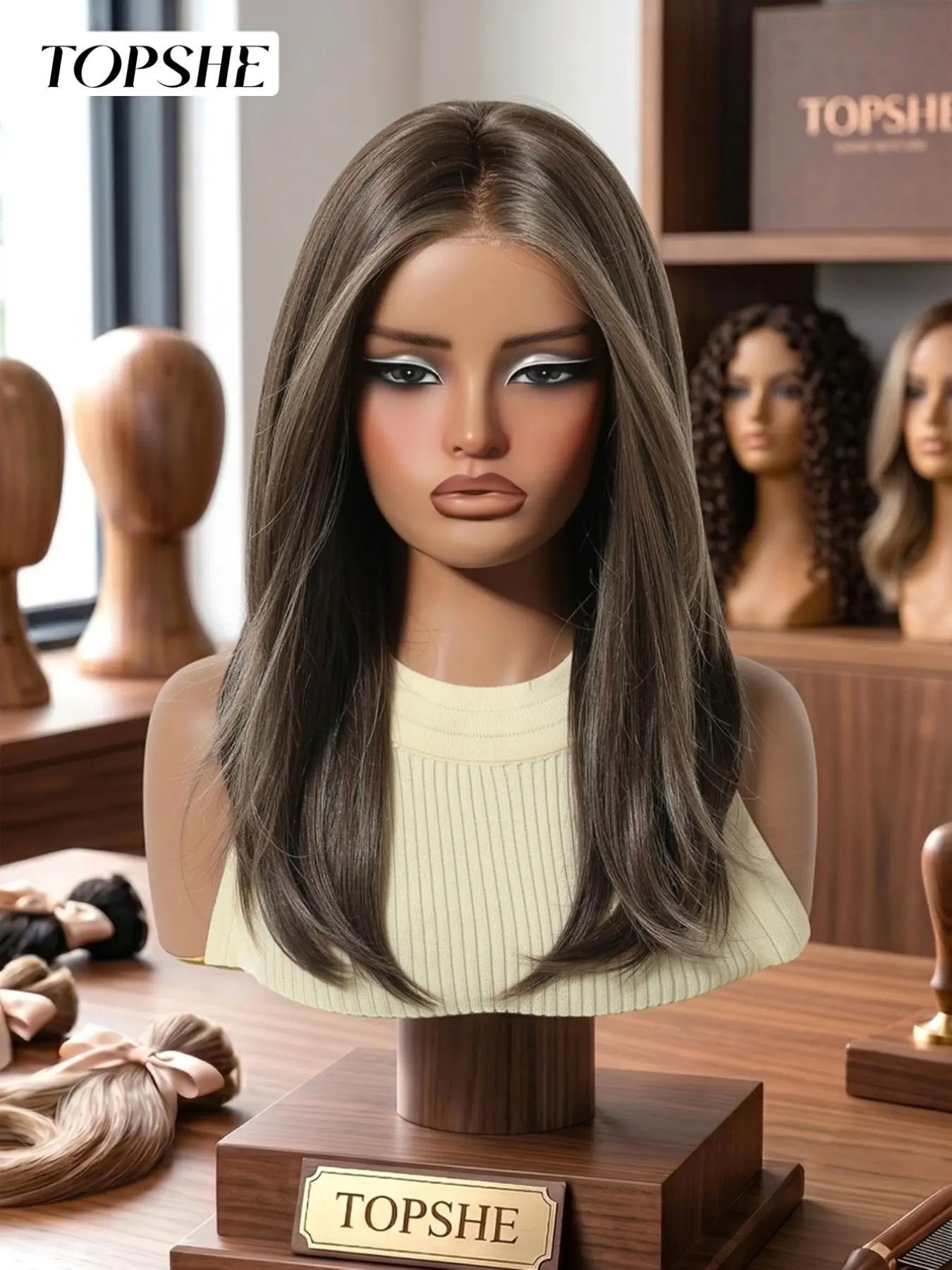 Topshe Monochrome Base Babylight Highlights Medium-Length Hairpiece, Lace Straight Wig, High-Quality Heat-Resistant Fiber, Perfect for Round Faces