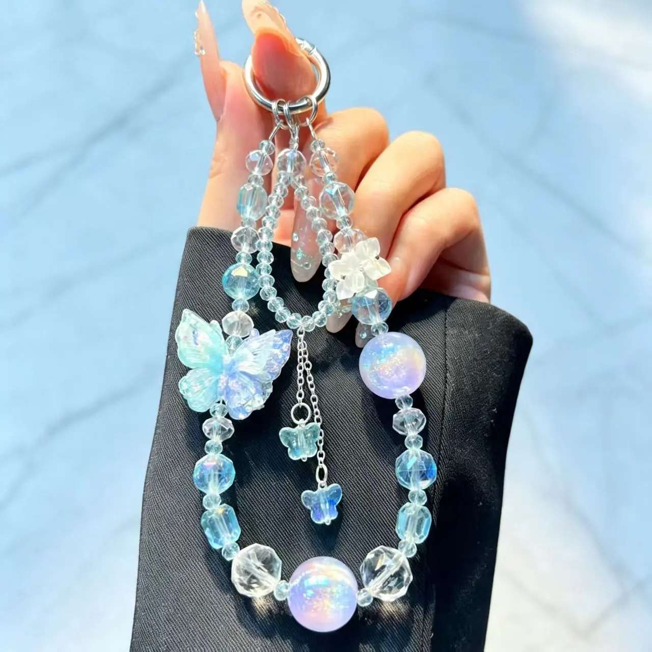 Ice Clear Butterfly Pendant Crystal Color-Changing Night Glow Phone Charm, Anti-Loss Wrist Strap for Camera Keys Earphones Bags, Girl Gift