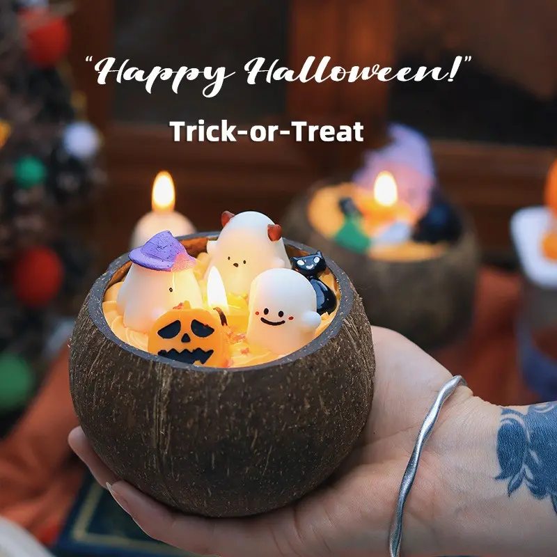 Halloween Ghost Coconut Shell Scented Candles, Halloween Gifts Aromatherapy Candle for Home, Creative Atmospheric Decor Ornaments Party Favors for Women Men Friend
