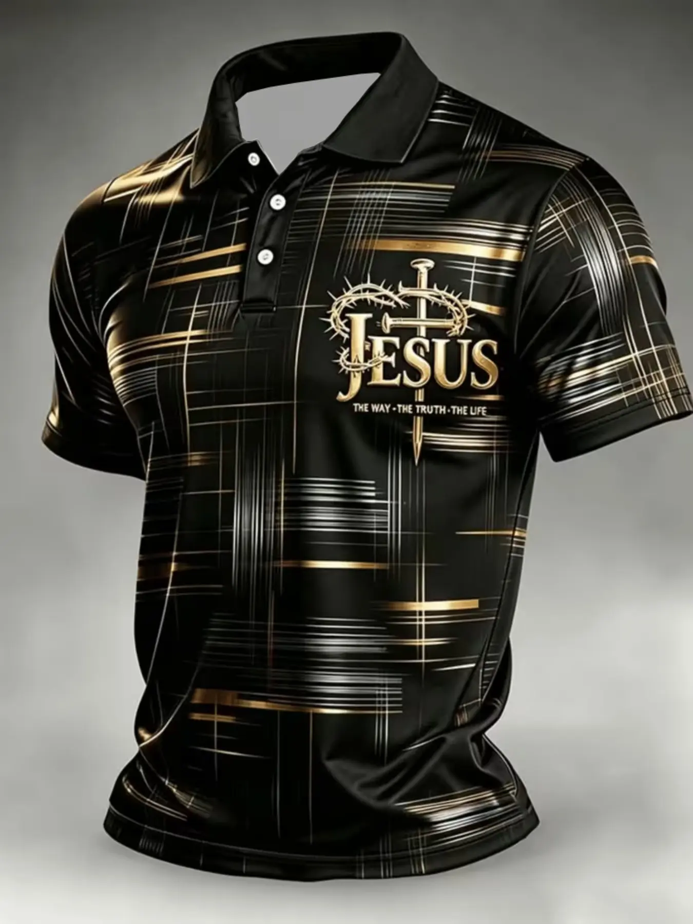 Men's Short Sleeve Polo Shirt, Gold Line Full Print Jesus Thorns Cross Pattern, American Business Casual Golf Collar T-Shirt, Top