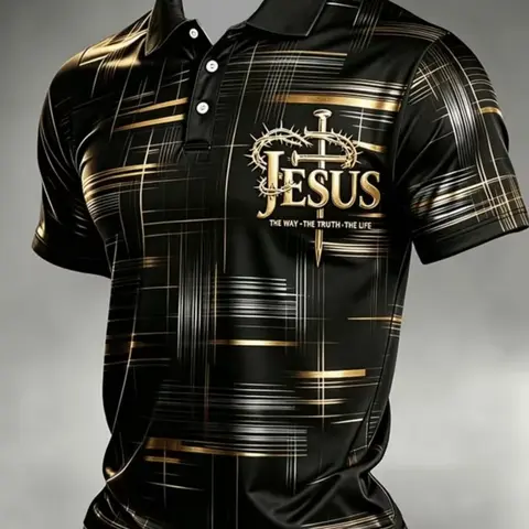 Men's Short Sleeve Polo Shirt, Gold‑Line All-Over Print with Jesus Thorns Cross Pattern, American Business Casual Golf Top, Collared Polo Shirts