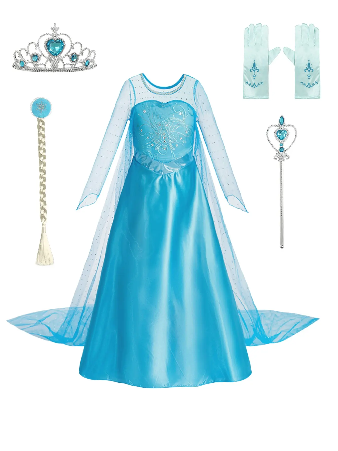 Girls' Fairy Dress, Blue Mesh Rhinestone Long Sleeve Dress, Snow Princess Costume Set, Themed Costumes, Halloween Stage Performance