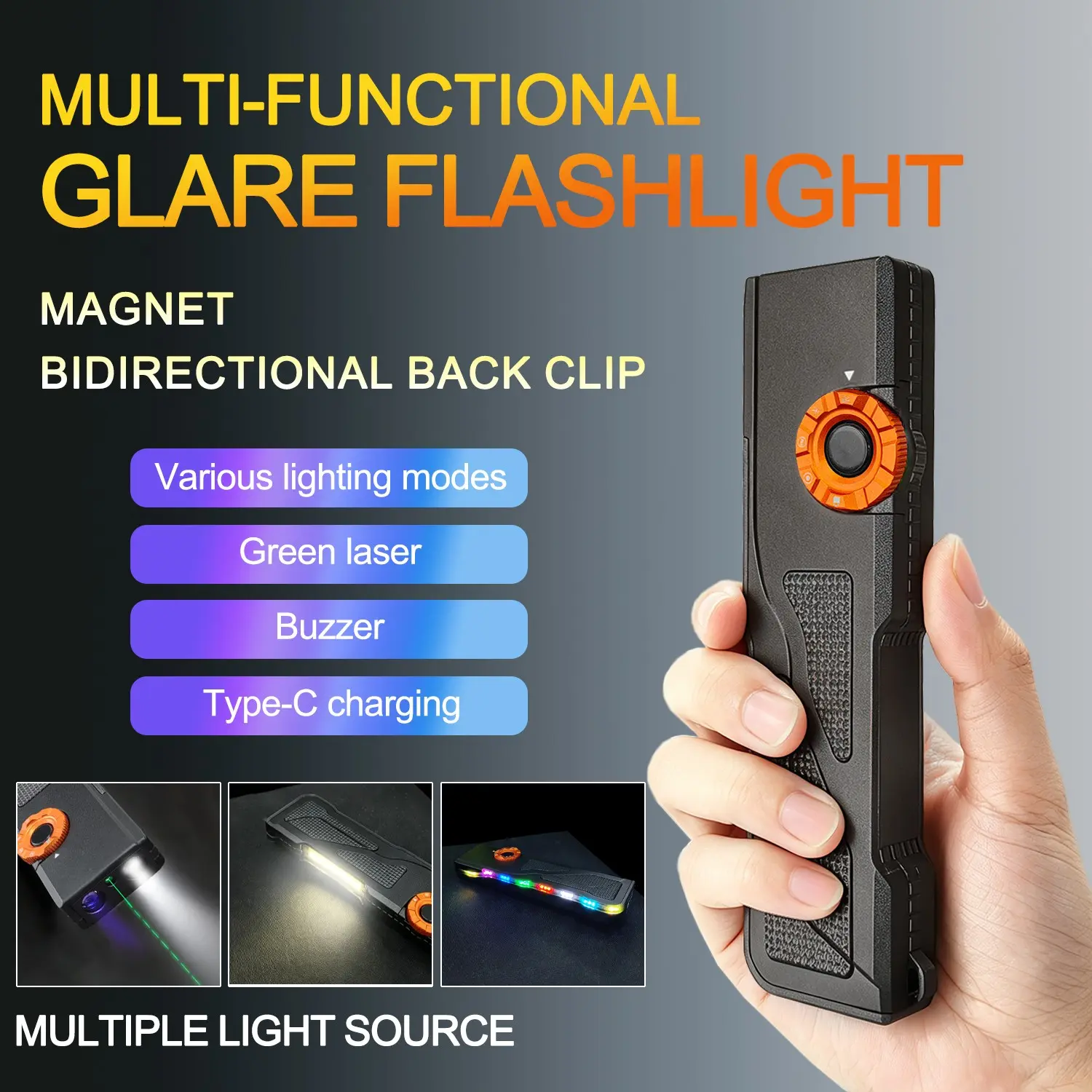 Handheld High-Lumen Flashlight, Rotating Switch, Magnetic Clip, Portable Work Light, 365nm UV Torch, Laser Pen, Sound Alert Device