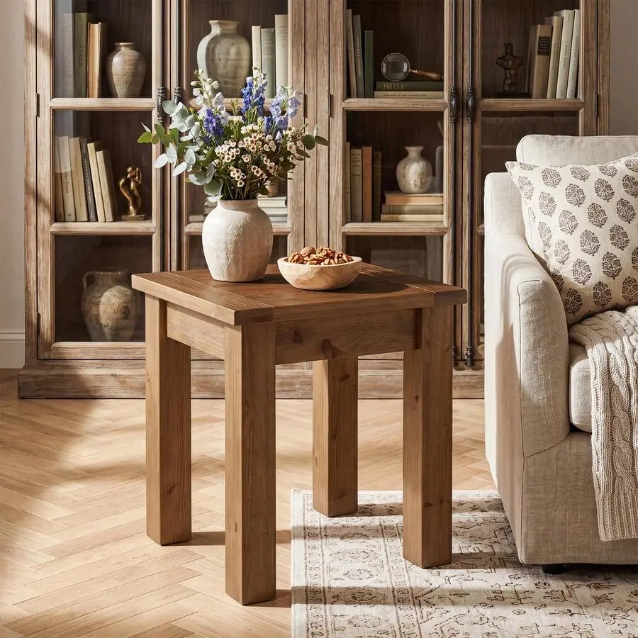 Solid Wood Side Table Living Room, Farmhouse Square End Tale With Stable 4 Legs Small Spaces, Bedroom, Rustic Brown