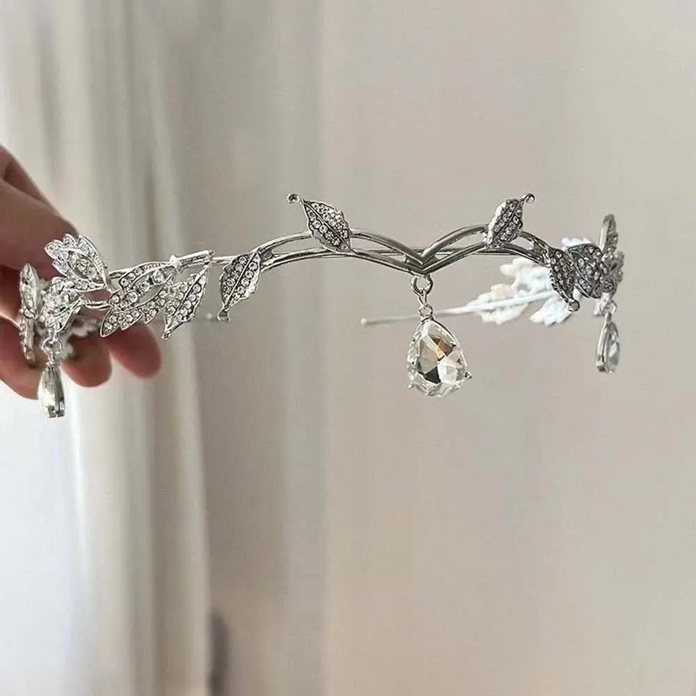 Crystal Leaf Metal Crown for Women, Elegant Elven Tiara Headband for Wedding Party Wear, Gold or Silver Hair Accessory, Exquisite Bride, 14.5Cm, Bejeweled Headbands, Alloy Metal, Crown Shape, 1Pc Crown