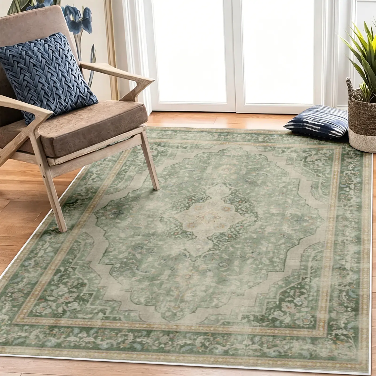 Sage Green Classic Vintage Area Rug, Non-Slip Washable Soft Carpet, Low Pile Cream Medallion Floor Mat for Living Room Bedroom, Aesthetic Cottagecore Home Decor