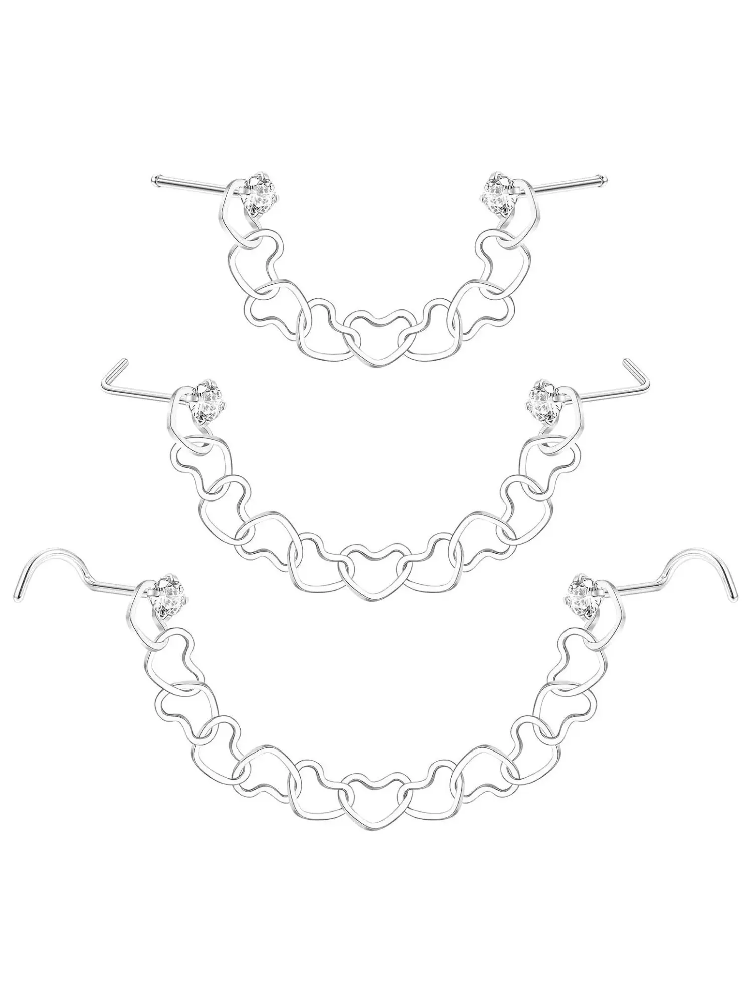 3 Pcs Silvery Nose Chain Piercing Across Nose for Women Men, Reliable 316L Stainless Steel Nostril Piercing Jewelry Set, Dainty Sweet Heart Linked Chain Matched with Classic L Shaped Nose Studs, Eye-Catching Unique Head-Turning Piercing Ornaments
