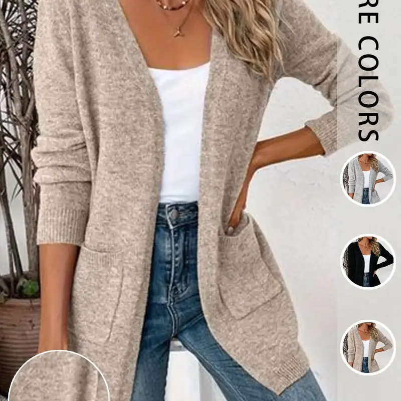 Women's Soft Knit Cardigan, Lightweight Solid Knit, V Neck Long Sleeve, Front Open Design with Pockets, Chic Layering Top, Perfect for Commute and Vacation, Womenswear Knitwear