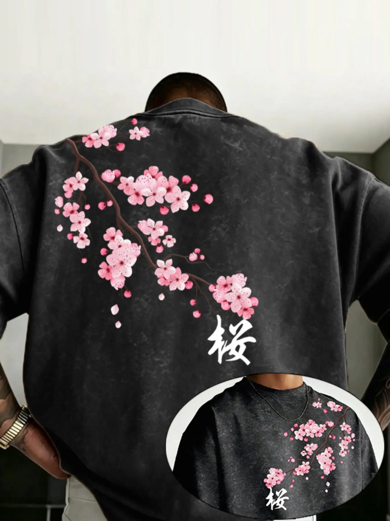 Men's Vintage Round Neck T-Shirt, Cherry Blossom Back Print, Loose Fit Short Sleeve, Japanese Street Style, Summer Fashion