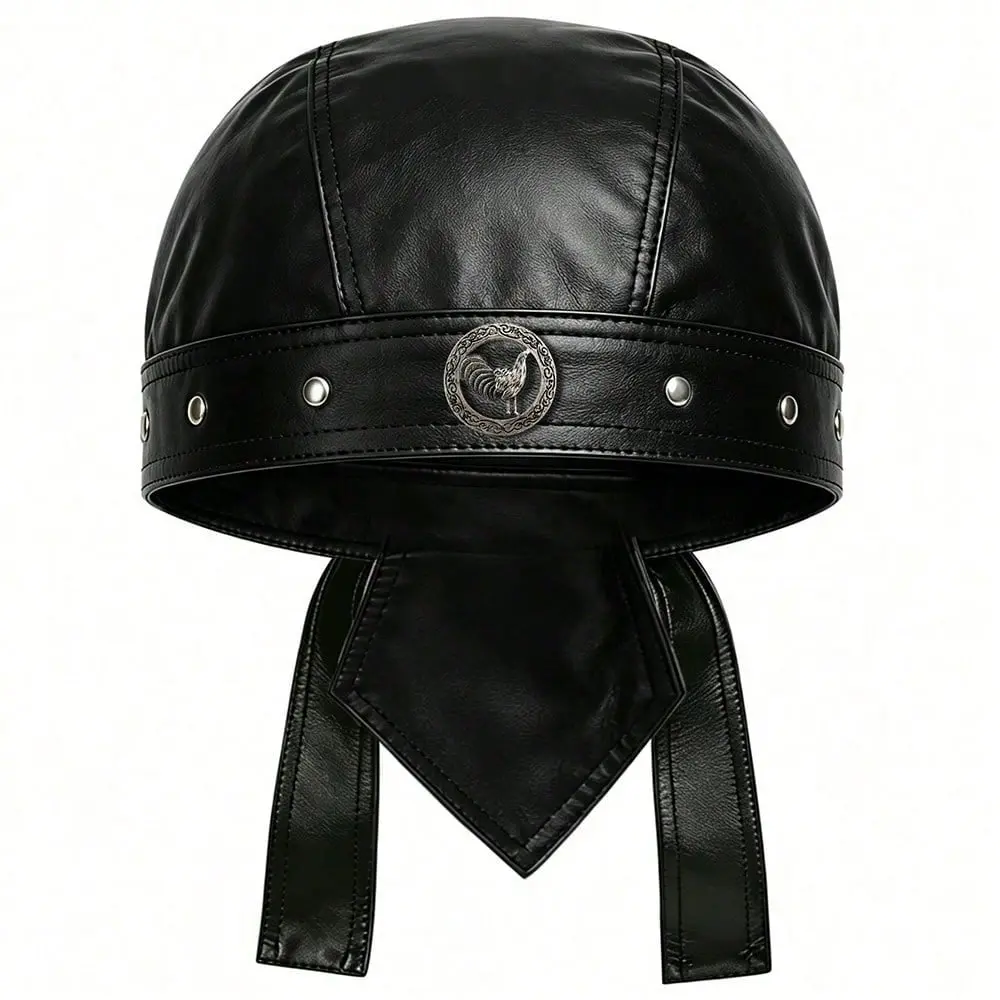 Men's Chicken Leather Skull Cap Adjustable - Soft Punk Biker Cap For Men Men, Classic Motorcycle Skull Cap Leather Biker Hat For Unisex Men