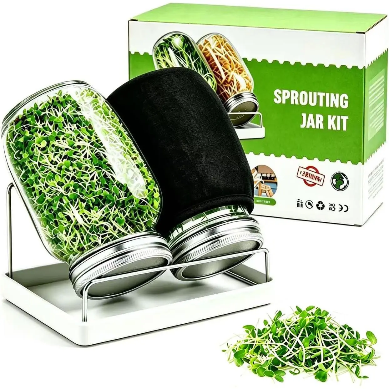Sprouting Jar Kit, 2Pack Wide Mouth Mason Jars with Mesh Sprouting , Blackout Sleeves, Stand and Drip Tray, Professional Seed Sprouting Kit for Mung Bean, Broccoli Sprout Growing