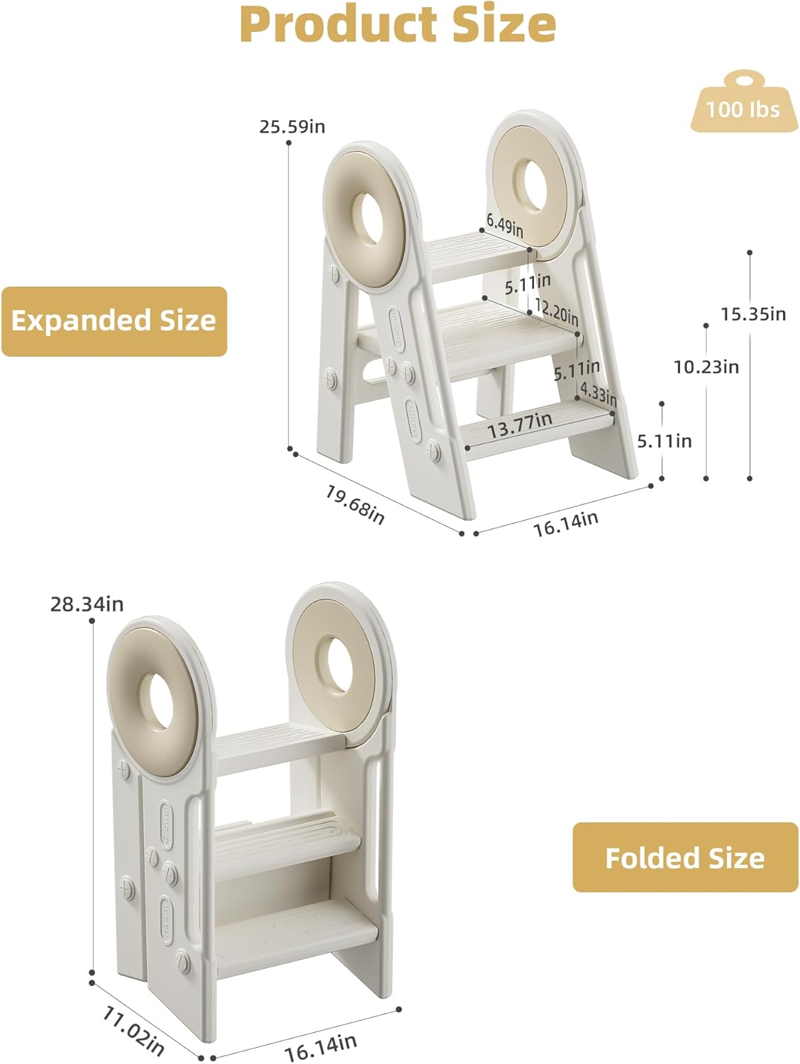 Toddler Step Stool for Bathroom Sink,Adjustable 3 Step Stop for Kids with Handles,Toilet Stool Potty Training,Foldable Step Stool for Bedroom Kitchen Counter,Plastic Ladder for Toddlers Beige