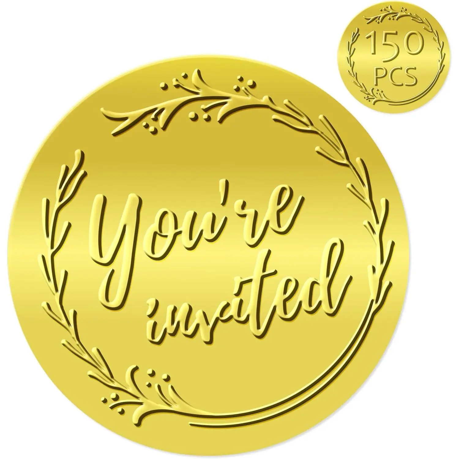 150 count You're Invited Stickers,  Foil Embossed Envelop Seals, Self-Adhesive Golden  Foil Stickers for Wedding Invitations, Envelopes, Cards, Present Decoration