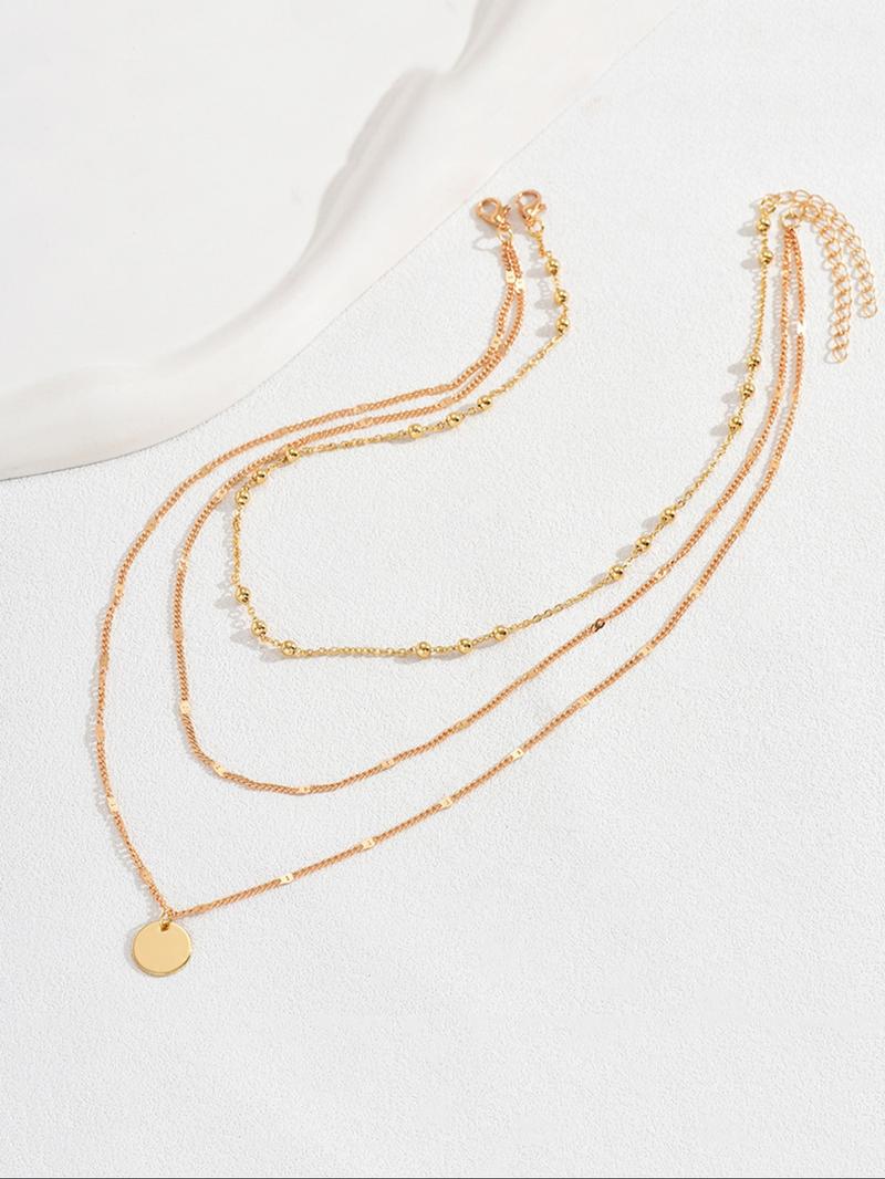 Women's Summer 2024 Plain Round Decor Layered Necklace, Dainty Layering Jewelry, Minimalist Elegant Boho Style Geometric & Chain Design Layer Set Necklace, Fashion All-match Necklace