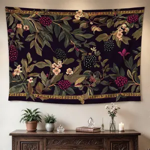 Vintage Botanical Blackberry Flower Wall Tapestry - Large Horizontal Polyester Printed Artwork Tapestries, Decor Accessories Wall Art Room Decorations, No-Install Indoor-Outdoor Holiday Gift for Living Room